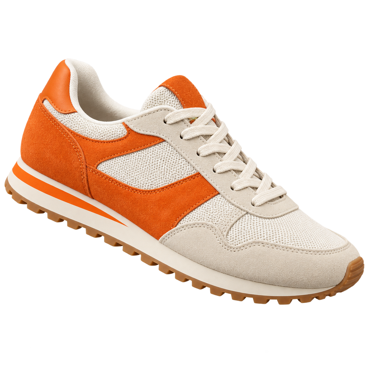 Cream and orange sneaker shown against an orange background and transparency