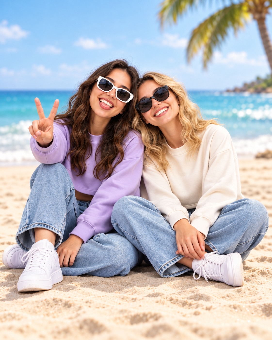 The same two friends placed on a beach background